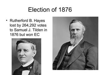 Election of 1876
• Rutherford B. Hayes
lost by 264,292 votes
to Samuel J. Tilden in
1876 but won EC
 