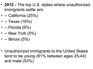 • 2012 - The top U.S. states where unauthorized
immigrants settle are:
• -- California (25%)
• -- Texas (16%)
• -- Florida (6%)
• -- New York (5%)
• -- Illinois (5%)
• Unauthorized immigrants to the United States
tend to be young (61% between ages 25-44)
and male (53%)
 