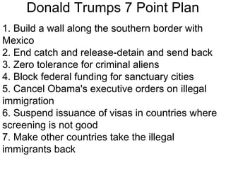 Donald Trumps 7 Point Plan
1. Build a wall along the southern border with
Mexico
2. End catch and release-detain and send back
3. Zero tolerance for criminal aliens
4. Block federal funding for sanctuary cities
5. Cancel Obama's executive orders on illegal
immigration
6. Suspend issuance of visas in countries where
screening is not good
7. Make other countries take the illegal
immigrants back
 