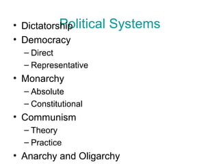 Political Systems• Dictatorship
• Democracy
– Direct
– Representative
• Monarchy
– Absolute
– Constitutional
• Communism
– Theory
– Practice
• Anarchy and Oligarchy
 