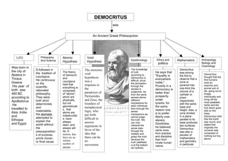 DEMOCRITUS
                                                                   was


                                                       An Ancient Greek Philosopoher




   LIFE           Philosophy      Atomic            Void
                  And Science                                                  Epistemology        Ethics and      Mathematics        Antropology
                                  Hypothesi         Hypothesi
                                                                               yy                   politics                          Biology and
                                  s                 s                                                                                 Cosmology
Was born in
               D.followed in                      The atomistic                The knowledge                        Democritus
the city of                       The theory                                   of truth           He says that      was among
               the tradition of                   void                                                                                 Democritus
Abdera in      Leucippus.
                                  of Democrit.                                 according to       "Equality is      the first to
Thrace                            and             hypothesis                   Democritus is
                                                                                                  everywhere        observe that a
                                                                                                                                       thought that the
               He continuous      Leucippus       was a                        difficult, since                                        first humans
Greece                                                                                            noble,"           cone or            lived an
               on the             held that                                    the perception
.His year of                                      response to                  through the        Poverty in a      pyramid has        anarchic and
               scientific         everything is                                                                     one-third the
birth was                                         the                          senses is          democracy is                         animal sort of
               rationalist        composed                                     subjective. As                       volume of a        life, going out to
460 BC         philosophy.        of "atoms",     paradoxes of                                    better than                          forage
                                                                               from the same                        cylinder or
according to   They were          which are       Parmenides                   senses derive      prosperity        prism              individually and
               both strict        physically,     and Zeno, the                different          under             respectively       living off the
Apollodorus                                                                                                                            most palatable
               determinists       but not         founders of                  impressions for    tyrants, for      with the same
.He                               geometricall                                 each individual,   the same                             herbs and the
               and                                metaphysical                                                      base and           fruit which grew
travelled to                      y, that                                      then through the
                                                                                                  reason one        height. Also, a
               materialists.                      logic, who                   sense-                                                  wild on the
Asia ,India                       atoms are                                                       is to prefer      cone divided       trees.
               the atomists       indestructibl   put forth                    impressions we
and            attempted to                                                    cannot judge       liberty over      in a plane         Democritus held
Ethiopia                          e; have         difficult to                 the truth. We      slavery.          parallel to its    that the Earth
               explain the        always          answer                       can only                             base produces      was round, and
and Egypt.     world without      been, and                                                       Goodness,                            stated that
                                                  arguments in                 interpret the                        two surfaces.
               the                always will                                  sense data         he believed,                         originally the
                                                  favor of the                                                      Democritus
               presupposition     be, in                                       through the        came more                            universe was
                                                                                                                    was also a
               s of purpose,      motion; that    idea that                    intellect and      from practice
                                                                                                                    pioneer of
                                                                                                                                       composed of
                                                                               grasp the truth,   and discipline                       nothing but tiny
               prime mover,       there are an    there can be                                                      mathematics        atoms
                                  infinite                                     because the        than from
               or final cause.                    no                           truth (aletheia)                     and geometry
                                  number of                                                       innate human
                                                  movement.                    is at the bottom                     in particular.
                                                                                                  nature.
                                  atoms                                        (en bythoe).
 