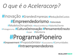 O que é o Aceleracorp? 
#Inovação #GrandesEmpresas #ReduçãoDeCustos 
#Empreendedorismo #Velocidade 
#ModelosDisruptivos #MaisComMenos #ValorAoCliente 
#Protagonismo #CulturaDeInovação #PensamentoEnxuto 
#Lean #Mentoria 
#ProgramaPioneiro 
#Empowerment #PropostaDeValor #Ecossistema #Comunidades 
#Intraempreendedores 
 