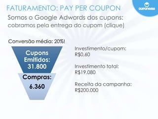 FATURAMENTO: PAY PER COUPON 
Somos o Google Adwords dos cupons: 
cobramos pela entrega do cupom (clique) 
Cupons 
Emitidos: 
31.800 
Compras: 
6.360 
Investimento/cupom: 
R$0,60 
Investimento total: 
R$19.080 
Receita da campanha: 
R$200.000 
Conversão média: 20%! 
 