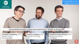 founders@runrun.it
Antonio Carlos Soares, CEO
Deloitte Consulting
FGV/IBMEC
Patrick Lisbona, CFO
Deloitte Consulting
USP
Franklin Valadares, CTO
Mobile carriers
PUC-MG/IBMEC
founders@runrun.itfounders@runrun.it
angel.co/runrun-it
Successfully founded, scaled and exited Aorta® Mobile to Grupo RBS
 