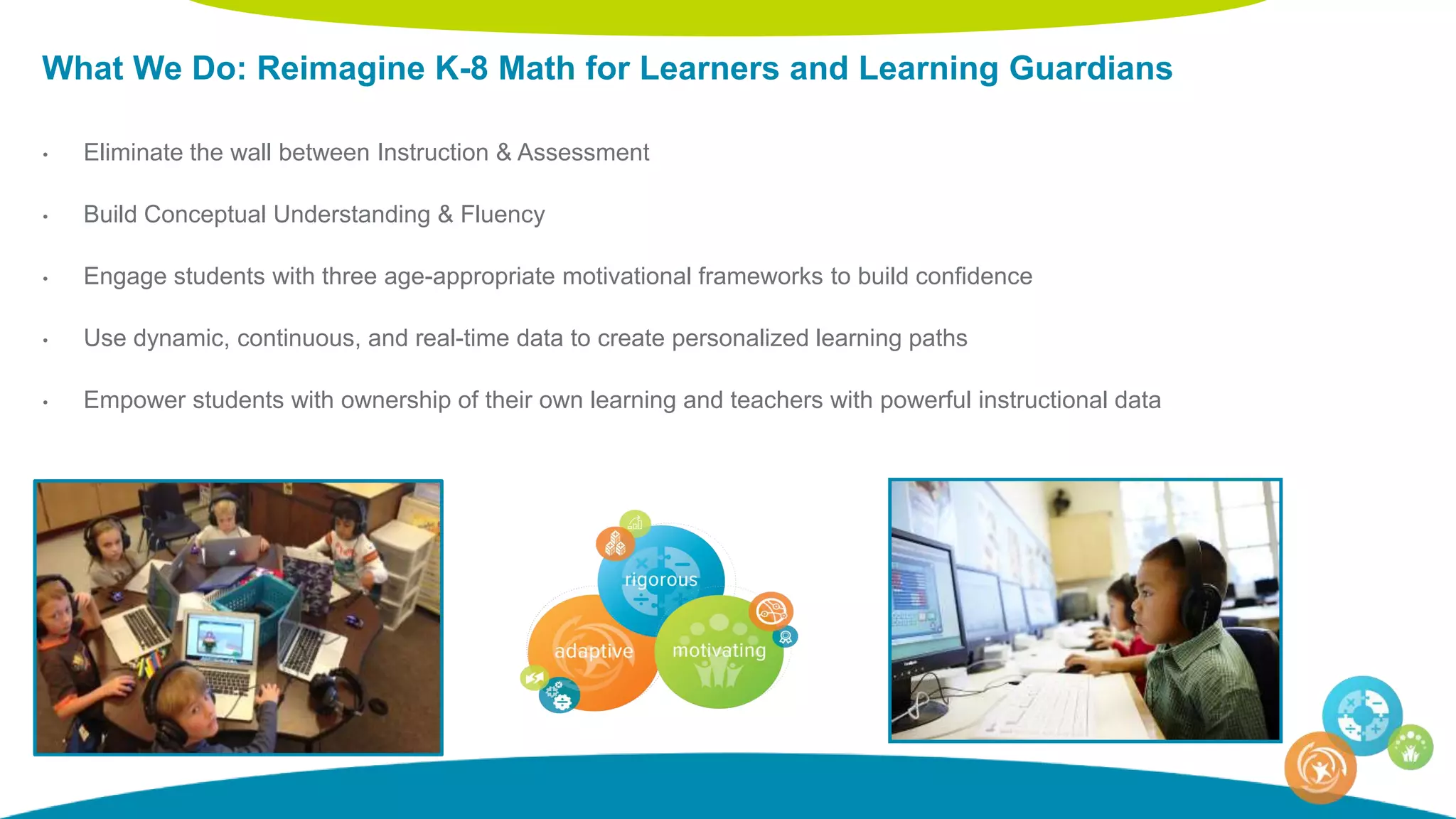 • Eliminate the wall between Instruction & Assessment
• Build Conceptual Understanding & Fluency
• Engage students with three age-appropriate motivational frameworks to build confidence
• Use dynamic, continuous, and real-time data to create personalized learning paths
• Empower students with ownership of their own learning and teachers with powerful instructional data
What We Do: Reimagine K-8 Math for Learners and Learning Guardians
 