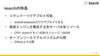 / 34
kearchの特長
• コマンド一つでデプロイ可能
○ ansible-playbookだけでデプロイできる
• 検索エンジンを構成する各サーバは省リソース
○ CPU: 4core/メモリ: 8GB/ストレージ: 100GB
• オープンソースでアルゴリズムが公開
○ GitHub上で公開
12
 