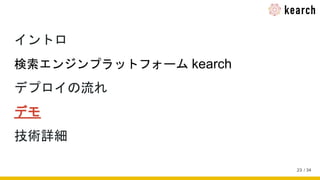 / 34
イントロ
検索エンジンプラットフォーム kearch
デプロイの流れ
デモ
技術詳細
23
 