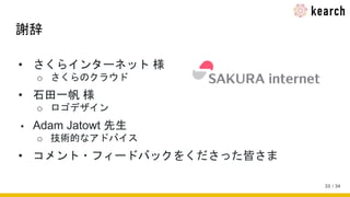 / 34
謝辞
• さくらインターネット 様
o さくらのクラウド
• 石田一帆 様
o ロゴデザイン
• Adam Jatowt 先生
o 技術的なアドバイス
• コメント・フィードバックをくださった皆さま
33
 