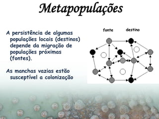 A persistência de algumas
populações locais (destinos)
depende da migração de
populações próximas
(fontes).
As manchas vazias estão
susceptível a colonização
destinofonte
Metapopulações
 