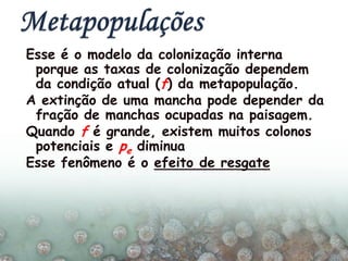 Esse é o modelo da colonização interna
porque as taxas de colonização dependem
da condição atual (f) da metapopulação.
A extinção de uma mancha pode depender da
fração de manchas ocupadas na paisagem.
Quando f é grande, existem muitos colonos
potenciais e pe diminua
Esse fenômeno é o efeito de resgate
 
