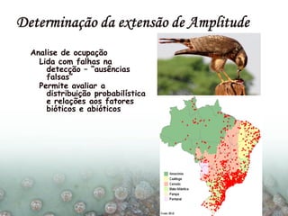 Analise de ocupação
Lida com falhas na
detecção – “ausências
falsas”
Permite avaliar a
distribuição probabilística
e relações aos fatores
bióticos e abióticos
 
