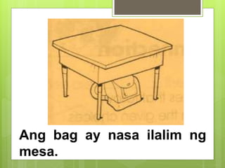Ang bag ay nasa ilalim ng
mesa.
 