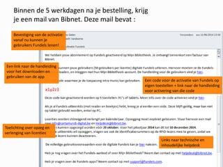 Binnen de 5 werkdagen na je bestelling, krijg
je een mail van Bibnet. Deze mail bevat :
Een link naar de handleiding
voor het downloaden en
gebruiken van de app
Een code voor de activatie van Fundels op
eigen toestellen + link naar de handleiding
voor activering van die codex1y2z3
Toelichting over opzeg en
verlenging van licenties
Links naar technische en
inhoudelijke helpdesk
Bevestiging van de activatie:
vanaf nu kunnen je
gebruikers Fundels lenen!
 