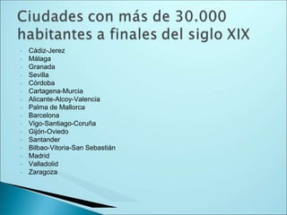 • Cádiz-Jerez
• Málaga
• Granada
• Sevilla
• Córdoba
• Cartagena-Murcia
• Alicante-Alcoy-Valencia
• Palma de Mallorca
• Barcelona
• Vigo-Santiago-Coruña
• Gijón-Oviedo
• Santander
• Bilbao-Vitoria-San Sebastián
• Madrid
• Valladolid
• Zaragoza
 