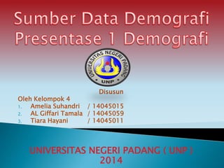 Disusun
Oleh Kelompok 4
1. Amelia Suhandri / 14045015
2. AL Giffari Tamala / 14045059
3. Tiara Hayani / 14045011
UNIVERSITAS NEGERI PADANG ( UNP )
2014
 