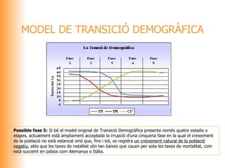 MODEL DE TRANSICIÓ DEMOGRÀFICA Possible fase 5:  Si bé el model original de Transició Demogràfica presenta només quatre estadis o etapes, actualment està àmpliament acceptada la irrupció d'una cinquena fase en la qual el creixement de la població no està estancat sinó que, fins i tot, es registra  un creixement natural de la població negatiu , atès que les taxes de natalitat són tan baixes que cauen per sota les taxes de mortalitat, com està succeint en països com Alemanya o Itàlia. 