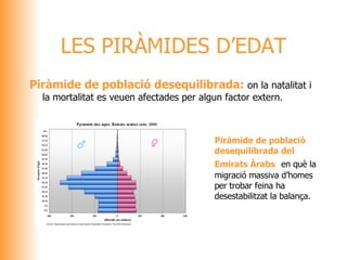 Piràmide de població desequilibrada:  on la natalitat i la mortalitat es veuen afectades per algun factor extern. LES PIRÀMIDES D’EDAT Piràmide de població desequilibrada del Emirats Àrabs  en què la migració massiva d’homes per trobar feina ha desestabilitzat la balança. 