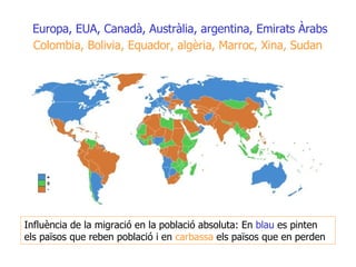 Influència de la migració en la població absoluta: En  blau  es pinten els països que reben població i en  carbassa  els p...