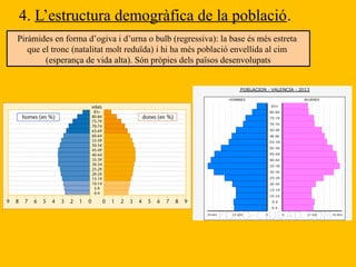 4. L’estructura demogràfica de la població.
Piràmides en forma d’ogiva i d’urna o bulb (regressiva): la base és més estreta
que el tronc (natalitat molt reduïda) i hi ha més població envellida al cim
(esperança de vida alta). Són pròpies dels països desenvolupats
 
