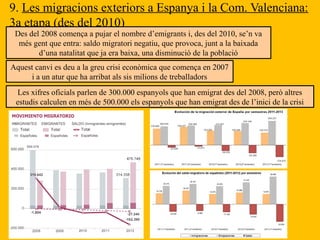 9. Les migracions exteriors a Espanya i la Com. Valenciana:
3a etapa (des del 2010)
Des del 2008 comença a pujar el nombre d’emigrants i, des del 2010, se’n va
més gent que entra: saldo migratori negatiu, que provoca, junt a la baixada
d’una natalitat que ja era baixa, una disminució de la població
Aquest canvi es deu a la greu crisi econòmica que comença en 2007
i a un atur que ha arribat als sis milions de treballadors
Les xifres oficials parlen de 300.000 espanyols que han emigrat des del 2008, però altres
estudis calculen en més de 500.000 els espanyols que han emigrat des de l’inici de la crisi
 