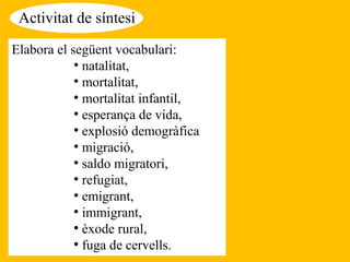 Activitat de síntesi
Elabora el següent vocabulari:
●
natalitat,
●
mortalitat,
●
mortalitat infantil,
●
esperança de vida,
●
explosió demogràfica
●
migració,
●
saldo migratori,
●
refugiat,
●
emigrant,
●
immigrant,
●
èxode rural,
●
fuga de cervells.
 