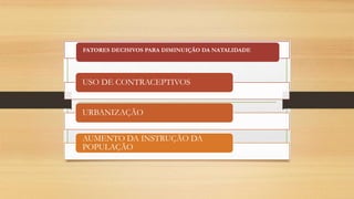 FATORES DECISIVOS PARA DIMINUIÇÃO DA NATALIDADE
USO DE CONTRACEPTIVOS
URBANIZAÇÃO
AUMENTO DA INSTRUÇÃO DA
POPULAÇÃO
 