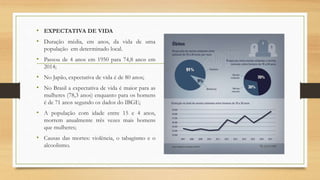 • EXPECTATIVA DE VIDA
• Duração média, em anos, da vida de uma
população em determinado local.
• Passou de 4 anos em 1950 para 74,8 anos em
2014;
• No Japão, expectativa de vida é de 80 anos;
• No Brasil a expectativa de vida é maior para as
mulheres (78,3 anos) enquanto para os homens
é de 71 anos segundo os dados do IBGE;
• A população com idade entre 15 e 4 anos,
morrem anualmente três vezes mais homens
que mulheres;
• Causas das mortes: violência, o tabagismo e o
alcoolismo.
 