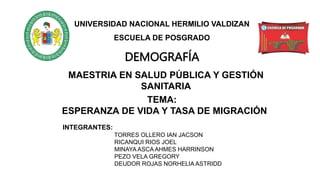 UNIVERSIDAD NACIONAL HERMILIO VALDIZAN
ESCUELA DE POSGRADO
DEMOGRAFÍA
TEMA:
ESPERANZA DE VIDA Y TASA DE MIGRACIÓN
MAESTRIA EN SALUD PÚBLICA Y GESTIÓN
SANITARIA
INTEGRANTES:
TORRES OLLERO IAN JACSON
RICANQUI RIOS JOEL
MINAYA ASCA AHMES HARRINSON
PEZO VELA GREGORY
DEUDOR ROJAS NORHELIA ASTRIDD
 
