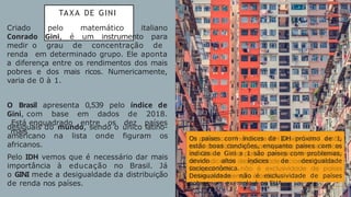 TAXA DE GINI
Criado pelo matemático italiano
Conrado Gini, é um instrumento para
medir o grau de concentração de
renda em determinado grupo. Ele aponta
a diferença entre os rendimentos dos mais
pobres e dos mais ricos. Numericamente,
varia de 0 à 1.
O Brasil apresenta 0,539 pelo índice de
Gini, com base em dados de 2018.
Está enquadrado entre os dez países
mais
desiguais do mundo, sendo o único latino-
americano na lista onde figuram os
africanos.
Pelo IDH vemos que é necessário dar mais
importância à educação no Brasil. Já
o GINI mede a desigualdade da distribuição
de renda nos países.
Os países com índices de IDH próximo de 1,
estão boas condições, enquanto países com os
índices de Gini a 1 são países com problemas,
devido altos índices de desigualdade
socioeconômica.
Desigualdade não é exclusividade de países
pobres, um exemplo é os EUA.
 