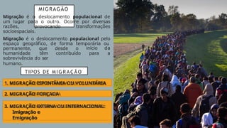 MIGRAGÃO
Migração é o deslocamento populacional de
um lugar para o outro. Ocorre por diversas
razões, provocando transformações
socioespaciais.
Migração é o deslocamento populacional pelo
espaço geográfico, de forma temporária ou
permanente, que desde o
humanidade têm contribuído
início da
para a
sobrevivência do ser
humano.
TIPOS DE MIGRAÇÃO
1. MIGRAÇÃO ESPONTÂNEA OU VOLUNTÁRIA
2. MIGRAÇÃO FORÇADA
3. MIGRAÇÃO EXTERNA OU INTERNACIONAL:
Imigração e
Emigração
 