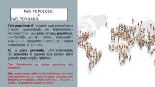 PAÍS POPULOSO
X
PAÍS POVOADO
País populoso é aquele que possui uma
grande quantidade de habitantes.
Por exemplo, o país mais populoso
do mundo é a China, enquanto
que o segundo com a maior
população é a Índia.
Já o país povoado, diferentemente
do populoso é aquele que possui uma
grande população relativa.
Obs: Geralmente os países povoados são
pequenos.
Obs: costuma-se utilizar 100 habitantes por km²
para estabelecer o que é uma grande ou
pequena densidade demográfica. A do
Brasil é consideravelmente baixa.
 