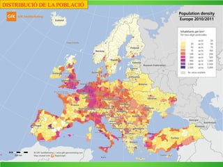 1. Distribució de la població mundial.
Per a comprendre la distribució de la població tenim en compte la densitat de població, que
és el resultat de dividir la població total (habitants) entre la superfície que ocupa (km²)
La densitat de població d’un lloc és alta quan supera els 100 hab./km², mitjana
entre 50 i 100 hab./km², baixa entre 25 i 50 hab./km², molt baixa entre 1
i 25 hab./km² i extremadament baixa quan és inferior a 1 hab./km²
DISTRIBUCIÓ DE LA POBLACIÓ
 