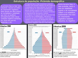 Estrutura da população. Pirâmide demográfica Na primeira fase ou fase “pré-industrial”, haveria um índice de crescimento vegetativo baixo devido aos altos índices de mortalidade e natalidade que iriam se equilibrar principalmente pelas baixas condições higiênico-sanitárias, por causa das guerras, epidemias, e etc. Na segunda fase ou fase transicional, podemos identificar dois períodos distintos que até podem ser considerados como fases distintas. No primeiro período nota-se um crescimento populacional elevado devido a queda na taxa de mortalidade ocasionada pela melhora nas condições sanitárias e de segurança (fim das guerras, avanços tecnológicos). No segundo período (ou terceira fase, de acordo com a classificação), notar-se-ia a diminuição da taxa de natalidade ocasionada por medidas de controle como planejamento familiar e métodos anticoncepcionais, fazendo com que o crescimento vegetativo volta aos níveis mais baixos. Numa terceira fase, a fase evoluída, tanto a taxa de natalidade quanto a de mortalidade voltam a se estabilizar, ocasionando uma taxa de crescimento vegetativo bastante pequena, ou negativo. 
