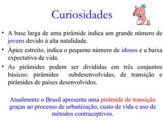 Curiosidades
• A base larga de uma pirâmide indica um grande número de
jovens devido à alta natalidade.
• Ápice estreito, indica o pequeno número de idosos e a baixa
expectativa de vida.
• As pirâmides podem ser divididas em três conjuntos
básicos: pirâmides subdesenvolvidas, de transição e
pirâmides de países desenvolvidos.
Atualmente o Brasil apresenta uma pirâmide de transição
graças ao processo de urbanização, custo de vida e uso de
métodos contraceptivos.
 
