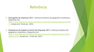 Referência 
 Demografia de empresas 2011. Instituto brasileiro de geografia e estatística. 
Disponível em: 
http://www.ibge.gov.br/home/estatistica/economia/demografiaempresa/201 
1/. Acesso em: 24 de set. 2014. 
 Estatísticas do Cadastro Central de Empresas 2011. Instituto brasileiro de 
geografia e estatística. Disponível em: 
http://www.ibge.gov.br/home/estatistica/economia/cadastroempresa/2011/ 
default.shtm. Acesso em: 24 de set. 2014. 
