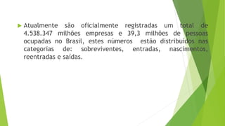  Atualmente são oficialmente registradas um total de 
4.538.347 milhões empresas e 39,3 milhões de pessoas 
ocupadas no Brasil, estes números estão distribuídos nas 
categorias de: sobreviventes, entradas, nascimentos, 
reentradas e saídas. 
 