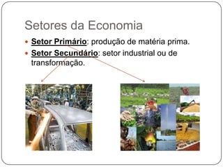 Setores da Economia
 Setor Primário: produção de matéria prima.
 Setor Secundário: setor industrial ou de

transformação.

 