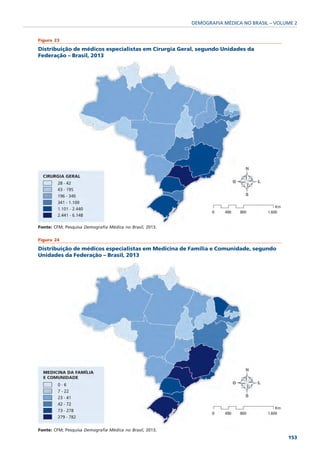 DEMOGRAFIA MÉDICA NO BRASIL – VOLUME 2


Figura 23

Distribuição de médicos especialistas em Cirurgia Geral, segundo Unidades da
Federação – Brasil, 2013




Fonte: CFM; Pesquisa Demografia Médica no Brasil, 2013.

Figura 24

Distribuição de médicos especialistas em Medicina de Família e Comunidade, segundo
Unidades da Federação – Brasil, 2013




Fonte: CFM; Pesquisa Demografia Médica no Brasil, 2013.
                                                                                            153
 