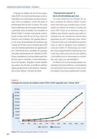 DEMOGRAFIA MÉDICA NO BRASIL – VOLUME 2



        O grupo de médicos de até 39 anos repre-                  “Crescimento natural” é
     senta 40,59% do total de profissionais na ativa,             de 6 a 8 mil médicos por ano
     indicando uma concentração nas faixas mais jo-               As séries históricas da evolução de saí-
     vens. Entre as mulheres, 17,62% de todas as               das e entradas de médicos (Tabela 5) mos-
     profissionais têm 29 anos ou menos. Por conta             tram outro fator que contribui para o cresci-
     dessa combinação de juvenização e feminização,            mento do número de médicos a partir dos
     a pirâmide etária do médico em atividade no               anos 1970. Trata-se da diferença entre os
     Brasil (Gráfico 7) mostra uma grande concen-              médicos que entram e aqueles que saem, re-
     tração na base, dos 24 aos 40 anos, tanto de              sultando em um crescimento natural dessa
     homens como mulheres. Em seguida observa-                 população no país. A diferença entre saída e
     se um recuo da participação das mulheres que              a entrada forma um contingente de profissi-
     começa aos 50 anos e que se acentua após os 60            onais ao qual se agregam novos médicos a
     anos. Já os homens apresentam um segundo pico             cada ano (Gráfico 8). Na Europa, por exem-
     por volta dos 60 anos, resultado da presença              plo, esse contigente tende a diminuir por con-
     masculina predominante até a década de 1970.              ta da faixa etária mais elevada dos médicos
     Como conseqüência, é na faixa etária entre 60 e           e da tendência de se interromper as ativida-
     80 anos que se concentra a maior diferença a              des mais cedo, por aposentadoria.
     favor dos homens. O gráfico mostra também                    No Brasil, vive-se uma situação oposta, con-
     que abaixo dos 40 anos as mulheres ganham                 centração de jovens médicos e a permanência
     espaço proporcional ao dos homens, empatan-               no exercício por maior número de anos. O efe-
     do na faixa inferior a 30 anos de idade.                  tivo médico cresce mais rapidamente e se man-




     Gráfico 6

     Evolução do número de médicos entre 1910 e 2010, segundo sexo – Brasil, 2013




     Fonte: CFM; Pesquisa Demografia Médica no Brasil, 2013.
26
 