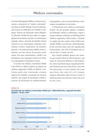 DEMOGRAFIA MÉDICA NO BRASIL – VOLUME 2



                                 Médicos contratados

O estudo Demografia Médica no Brasil acres-               empregadores, erro de preenchimento, infor-
centou o referencial do “médico contratado”               mações incompletas ou incorretas.
com base na RAIS, Relação Anual de Informa-                  A distribuição dos médicos contratados
ções Sociais, do Ministério do Trabalho e Em-             (Gráfico 10), por grandes regiões e unidades
prego. Trata-se de declaração anual obrigató-             da Federação, reforça as diferenças e segue a
ria (Decreto 76.900/75) para todos os empre-              mesma ordem já verificada na distribuição dos
gadores no território nacional. As informações            médicos registrados. Desta forma, o Sudeste
captadas sobre o mercado de trabalho formal               é a região que tem a maior razão médico con-
referem-se aos empregados celetistas, esta-               tratado (RAIS), com 2,07 por 1.000 habitantes.
tutários, avulsos, temporários, da iniciativa             O Sul vem bem atrás, com 1,09, seguido pelo
privada e da administração pública direta e               Centro-Oeste, com 0,96. O Nordeste tem ra-
indireta, nas três esferas de governo, entre              zão de 0,94 e o Norte, de 0,76.
outros. Por essas características, a RAIS é um               Essa relação também aparece nos núme-
termômetro dos empregos formais de médi-                  ros por estado (Tabela 9). Rio de Janeiro, com
cos empregados/contratados no país.                       razão de 2,82 posto RAIS por 1.000 habitan-
   O numero de médicos contratados (RAIS)                 tes, vem em primeiro lugar, seguido pelo Dis-
é de 274.011 no Brasil, inferior ao número de             trito Federal com 2,43, e São Paulo, com 2,08.
médicos registrados (CFM), de 388.015. A di-              Na outra ponta, os cinco estados com razão
ferença pode estar relacionada a formas                   mais baixa têm entre 0,3 e 0,5, Amapá,
atípicas de trabalho e prestação de serviços              Alagoas, Maranhão, Mato Grosso e Goiás. A
médicos, que fogem da declaração à RAIS, a                diferença entre um extremo e outro é de cerca
omissão de declaração de estabelecimentos                 de sete vezes.



Gráfico 10

Distribuição de médicos contratados (RAIS) por 1.000 habitantes, segundo Grandes
Regiões – Brasil, 2013




Fonte: CFM; Pesquisa Demografia Médica no Brasil, 2013.
                                                                                                           39
 