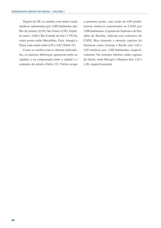 DEMOGRAFIA MÉDICA NO BRASIL – VOLUME 2



        Depois do DF, os estados com maior razão        o primeiro posto, com razão de 4,99 profis-
     médicos cadastrados por 1.000 habitantes são:      sionais médicos cadastrados no CNES por
     Rio de Janeiro (2,19), São Paulo (1,95), Espíri-   1.000 habitantes. Capitais do Sudeste e do Sul,
     to santo ( 1,80) e Rio Grande do Sul ( 1,79) Na    além de Brasília, lideram nos cadastros do
     outra ponta estão Maranhão, Pará, Amapá e          CNES. Mas chamam a atenção capitais do
     Piauí, com razão entre 0,59 e 0,87 (Tabela 11).    Nordeste como Aracaju e Recife com 3,45 e
        Como se verifica com os demais indicado-        3,29 médicos por 1.000 habitantes, respecti-
     res, as maiores diferenças aparecem entre as       vamente. No extremo inferior, estão capitais
     capitais, e na comparação entre a capital e o      do Norte, onde Macapá e Manaus têm 1,22 e
     conjunto do estado (Tabela 12). Vitória ocupa      1,38, respectivamente.




44
 