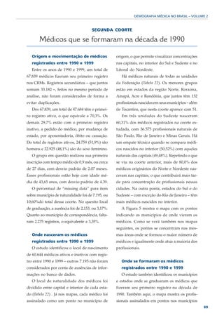 DEMOGRAFIA MÉDICA NO BRASIL – VOLUME 2



                                      SEGUNDA COORTE

       Médicos que se formaram na década de 1990

   Origem e movimentação de médicos                origem, o que permite visualizar concentrações
   registrados entre 1990 e 1999                   nas capitais, no interior do Sul e Sudeste e no
   Entre os anos de 1990 e 1999, um total de       Litoral do Nordeste.
67.839 médicos fizeram seu primeiro registro          Há médicos naturais de todas as unidades
nos CRMs. Registros secundários – que juntos       da Federação (Tabela 22). Os menores grupos
somam 33.182 –, feitos no mesmo período de         estão em estados da região Norte, Roraima,
análise, não foram considerados de forma a         Amapá, Acre e Rondônia, que juntos têm 132
evitar duplicações.                                profissionais nascidos em seus municípios – além
   Dos 67.839, um total de 47.684 têm o primei-    de Tocantins, que nesta coorte aparece com 51.
ro registro ativo, o que equivale a 70,3%. Os         Em três unidades do Sudeste nasceram
demais 29,7% estão com o primeiro registro         60,31% dos médicos registrados na coorte es-
inativo, a pedido do médico, por mudança de        tudada, com 36.575 profissionais naturais de
estado, por aposentadoria, óbito ou cassação.      São Paulo, Rio de Janeiro e Minas Gerais. Há
Do total de registros ativos, 24.759 (51,9%) são   um empate técnico quando se compara médi-
homens e 22.925 (48,1%) são do sexo feminino.      cos nascidos no interior (50,52%) com aqueles
   O grupo em questão realizou sua primeira        naturais das capitais (49,48%). Repetindo o que
inscrição com tempo médio de 0,9 mês, ou cerca     se viu na coorte anterior, mais de 80,0% dos
de 27 dias, com desvio padrão de 2.07 meses.       médicos originários do Norte e Nordeste nas-
Esses profissionais estão hoje com idade mé-       ceram nas capitais, o que contribuirá mais tar-
dia de 43,65 anos, com desvio padrão de 4.39.      de para concentração de profissionais nessas
   O percentual de “missing data” para item        cidades. Na outra ponta, estados do Sul e do
sobre município de naturalidade foi de 7.195, ou   Sudeste – com exceção do Rio de Janeiro – têm
10,60%do total dessa coorte. No quesito local      mais médicos nascidos no interior.
de graduação, a ausência foi de 2.153, ou 3,17%.      A Figura 5 mostra o mapa com os pontos
Quanto ao município de correspondência, falta-     indicando os municípios de onde vieram os
ram 2.275 registros, o equivalente a 3,35%.        médicos. Como se verá também nos mapas
                                                   seguintes, os pontos se concentram nas mes-
   Onde nasceram os médicos                        mas áreas onde se formou o maior número de
   registrados entre 1990 e 1999                   médicos e igualmente onde atua a maioria dos
   O estudo identificou o local de nascimento      profissionais.
de 60.644 médicos ativos e inativos com regis-
tro entre 1990 e 1999 – outros 7.195 não foram        Onde se formaram os médicos
considerados por conta de ausências de infor-         registrados entre 1990 e 1999
mações no banco de dados.                             O estudo também identificou os municípios
   O local de naturalidade dos médicos foi         e estados onde se graduaram os médicos que
dividido entre capital e interior de cada esta-    fizeram seu primeiro registro na década de
do (Tabela 22) . Já nos mapas, cada médico foi     1990. Também aqui, o mapa mostra os profis-
assinalado como um ponto no município de           sionais assinalados em pontos nos municípios
                                                                                                      69
 