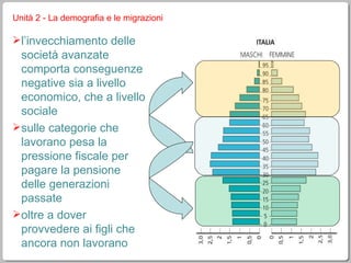 Unità 2 - La demografia e le migrazioni l’invecchiamento delle società avanzate comporta conseguenze negative sia a livello economico, che a livello sociale sulle categorie che lavorano pesa la pressione fiscale per pagare la pensione delle generazioni passate oltre a dover provvedere ai figli che ancora non lavorano 