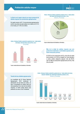 Estado de la Población Peruana 201422
Población adulta mayor
Costa
134 798
21,0%
Sierra
431 004
67,1%
Selva
76 098
11,9%
31,6
53,8
10,0
4,6
Sin nivel/inicial Primaria Secundaria Superior
La Sierra es la región natural con mayor presencia de
adultos mayores son productores agropecuarios
Por región natural, el 67,1 % de productores agropecuarios
de 60 y más años de edad radican en la Sierra, el 21,0 %
en la Costa y el 11,9% en la Selva.
Fuente: Instituto Nacional de Estadística e Informática.
Fuente: Instituto Nacional de Estadística e Informática.
Fuente: Instituto Nacional de Estadística e Informática.
PERÚ: PRODUCTORES AGROPECUARIOS DE 60 Y MÁS AÑOS
DE EDAD POR REGIÓN NATURAL, 2012
(Número y Porcentaje)
PERÚ: PRODUCTORES AGROPECUARIOS DE 60 Y MÁS AÑOS
DE EDAD, SEGÚN NIVEL EDUCATIVO, 2012
(Porcentaje)
PERÚ: PRODUCTORES AGROPECUARIOS DE 60 Y MÁS AÑOS DE EDAD,
SEGÚN TAMAÑO DE UNIDADES AGROPECUARIAS, 2012
(Número y Porcentaje)
Más de la mitad de adultos mayores que son
productores dedicados a actividades agropecuarias,
tienen educación primaria
El 53,8% de los productores de 60 y más años de edad
tenía primaria y el 31,6% se registró sin nivel educativo
o inicial, ambas categorías agrupan más del 85,0%
(547 mil 996) de productores agropecuarios de 60 y más
años de edad.
Tamaño de las unidades agropecuarias
Los resultados del IV Censo Nacional
Agropecuario, 2012 evidencian la
atomización de las tierras de cultivo, es
decir, la parcelación en partes cada vez
más pequeñas. En el caso de los adultos
mayores, el 78,6% posee tierras cuya
extensión es menor a las 5 hectáreas.
641 900
504 764
96 783
16 084 9 304 5 561 9 404
Total 0,5 - 4,9
(has.)
5,0 - 19,9
(has.)
20 - 39,9
(has.)
40 - 99,9
(has.)
100 y más
(has.)
U.A. sin
tierra
(100,0%)
(78,6%)
(15,1%)
(2,5%) (1,4%) (0,9%) (1,5%)
 