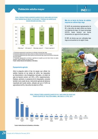 Estado de la Población Peruana 201424
Población adulta mayor
34,8
86,0
23,5
7,6
45,2
4,6
50,5 86,5
16,6
6,0
22,2
4,5
3,4 3,4 3,8 1,4
0,0
20,0
40,0
60,0
80,0
100,0
Total Costa Sierra Selva
Bajo riego 1/ En secano 2/ Bajo riego y secano 3/ Tierras no agrícolas 4/
33,0
23,0
16,9
3,9
2,8 2,8
1,7 1,6 1,6 1,4 0,8 0,5 0,4 0,3 0,2
Fumigadoras
manuales
Arados
de palo
de tracción
animal
Chaqui
tacllas
Arados de
hierro
de tracción
animal
Fumigadoras
a motor
Molinos
para
grano
Camiones /
camionetas
Motores
para
bombeo
de agua
Generadores
eléctricos
Bote/
canoa/
deslizador
Bombas
para
pozo
Tractores
de rueda
Trilladoras Picadoras
de pasto
Cosechadoras
1/ Productores agropecuarios cuyas tierras son cultivadas únicamente bajo riego.			
2/ Productores agropecuarios que hacen producir sus tierras únicamente con lluvia (secano).		
3/ Productores agropecuarios que cultivan parte de sus tierras bajo riego y parte de sus tierras en temporada
de lluvias (secano).						
4/ Productores agropecuarios con tierras no agrícolas son aquellos que solo tienen tierras con pastos
naturales, montes y bosques y otro tipo de tierra.	 				
Fuente: Instituto Nacional de Estadística e Informática.				
		
Fuente: Instituto Nacional de Estadística e Informática.
PERÚ: PRODUCTORES AGROPECUARIOS DE 60 Y MÁS AÑOS DE EDAD
CON TIERRAS BAJO RIEGO, EN SECANO Y TIERRAS NO AGRÍCOLAS,
SEGÚN REGIÓN NATURAL, 2012
PERÚ: PRODUCTORES AGROPECUARIOS DE 60 Y MÁS AÑOS DE EDAD QUE
TIENEN EQUIPOS DE TRACCIÓN ANIMAL, MECÁNICA U OTRO, 2012
Más de un tercio de tierras de adultos
mayores se cultivan bajo riego
El 34,8% de productores agropecuarios de
60 y más años de edad cultiva sus tierras
con sistemas de riego. Un mayor porcentaje
(45,2%) hacen producir sus tierras
únicamente con agua de lluvia (secano).
El 86% de tierras que son cultivadas bajo
riego se encuentran en la región Costa.
Equipamiento agrícola
Ante la pregunta sobre el tipo de equipo que utilizan los
adultos mayores en las tareas de cultivo, las respuestas
se direccionaron a las fumigadoras manuales y el arado de
palo de tracción animal, con 33% y 23%, respectivamente.
Destaca, asimismo, la presencia de la chaquitaclla, conocida
también como arado de pie, instrumento agrícola de labranza
importante del mundo andino, utilizado aún por el 16,9% de
agricultores de 60 y más años de edad en el Perú.
 