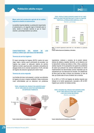 Estado de la Población Peruana 201426
Red pública de
desagüe dentro
de la vivienda
123 593
19,3%
Red pública de
desagüe, fuera de la
vivienda pero dentro
de la edificación
13 799
2,1%
Pozo séptico
52 938
8,2%Pozo ciego o negro
/ letrina
309 956
48,3%
Río, acequia o canal
7 400
1,2%
Otro
1 340
0,2%
No tiene
132 874
20,7% Si
99 691
15,5%
No
542 209
84,5%
Nota: Un productor agropecuario puede darle uno o más destinos a su producción
agrícola
Fuente: Instituto Nacional de Estadística e Informática.
Fuente: Instituto Nacional de Estadística e Informática. Fuente: Instituto Nacional de Estadística e Informática.
PERÚ: PRODUCTORES AGROPECUARIOS DE 60 Y MÁS
AÑOS DE EDAD POR DESTINO QUE LE DAN A LA MAYOR
PARTE DE LA PRODUCCIÓN AGRÍCOLA, 2012
(Número y porcentaje)
PERÚ: HOGARES DEL PRODUCTOR AGROPECUARIO
DE 60 Y MÁS AÑOS DE EDAD POR DISPONIBILIDAD
DE SERVICIOS HIGIÉNICOS PERÚ: HOGARES DEL PRODUCTOR AGROPECUARIO
DE 60 Y MÁS AÑOS DE EDAD QUE CUENTAN
O NO CON COCINA MEJORADA
(Número y porcentaje)
Mayor parte de la producción agrícola de los adultos
mayores se destina al autoconsumo
Los adultos mayores destinan, su producción mayormente
al autoconsumo y en segundo lugar al mercado para la
venta, siendo el mercado nacional al que en mayor
volumen y porcentaje destinan sus cultivos.
CARACTERÍSTICAS DEL HOGAR DE LOS
AGRICULTORES QUE SON ADULTOS MAYORES
Tenencia de servicio higiénico
El mayor porcentaje de hogares (48,3%) cuenta con pozo
ciego, negro o letrina, para la eliminación de excretas. Los
hogares que poseen un adecuado sistema de servicio
higiénico, es decir, aquel que está conectado a red pública de
desagüe dentro de la vivienda representó el 19,3%, del total
de hogares del productor agropecuario adulto mayor.
Tenencia de cocina mejorada
Las familias del área rural preparan y cocinan sus alimentos
en lugares con poca o ninguna ventilación. Estas condiciones
crean enfermedades que se relacionan con problemas
respiratorios, cutáneos y oculares, de la presión arterial,
dolores de cabeza y espalda. Asimismo, se le relaciona con
la desnutrición crónica que afecta a niños, niñas y personas
adultas mayores. En la perspectiva de superar los problemas
de salud que producen las cocinas tradicionales se vienen
implementando las denominadas cocinas mejoradas que se
caracterizan por una estructura de concreto, con plataformas
de fierro para las ollas e incluye una chimenea -un tubo de
lata- por donde sale el humo al exterior de la vivienda.
En el 2012, el 15,5% de hogares de adultos mayores que
trabajan en el sector agropecuario, equivalen a 99 mil 691
hogares que cuentan con estasa cocinas.
266 984
297 310
13 557
123 061
Venta Autoconsumo Autoinsumo Alimento para sus
animales
(42,2%)
(47,0%)
(2,1%)
(19,5%)
Población adulta mayor
 