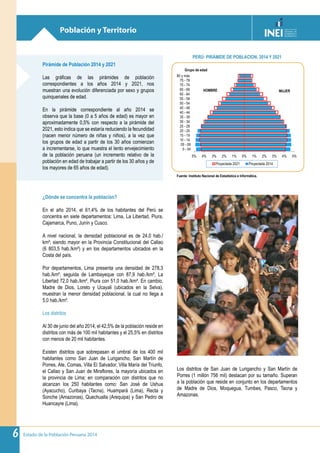 Estado de la Población Peruana 20146
Población y Territorio
Fuente: Instituto Nacional de Estadística e Informática.
Pirámide de Población 2014 y 2021
Las gráficas de las pirámides de población
correspondientes a los años 2014 y 2021, nos
muestran una evolución diferenciada por sexo y grupos
quinquenales de edad.
En la pirámide correspondiente al año 2014 se
observa que la base (0 a 5 años de edad) es mayor en
aproximadamente 0,5% con respecto a la pirámide del
2021, esto indica que se estaría reduciendo la fecundidad
(nacen menor número de niñas y niños), a la vez que
los grupos de edad a partir de los 30 años comienzan
a incrementarse, lo que muestra el lento envejecimiento
de la población peruana (un incremento relativo de la
población en edad de trabajar a partir de los 30 años y de
los mayores de 65 años de edad).
PERÚ: PIRÁMIDE DE POBLACION, 2014 Y 2021
¿Dónde se concentra la población?
En el año 2014, el 61,4% de los habitantes del Perú se
concentra en siete departamentos: Lima, La Libertad, Piura,
Cajamarca, Puno, Junín y Cusco.
A nivel nacional, la densidad poblacional es de 24,0 hab./
km²; siendo mayor en la Provincia Constitucional del Callao
(6 803,5 hab./km²) y en los departamentos ubicados en la
Costa del país.
Por departamentos, Lima presenta una densidad de 278,3
hab./km², seguida de Lambayeque con 87,9 hab./km², La
Libertad 72,0 hab./km², Piura con 51,0 hab./km². En cambio,
Madre de Dios, Loreto y Ucayali (ubicados en la Selva),
muestran la menor densidad poblacional, la cual no llega a
5,0 hab./km².
Los distritos
Al 30 de junio del año 2014, el 42,5% de la población reside en
distritos con más de 100 mil habitantes y el 25,5% en distritos
con menos de 20 mil habitantes.
Existen distritos que sobrepasan el umbral de los 400 mil
habitantes como San Juan de Lurigancho, San Martín de
Porres, Ate, Comas, Villa El Salvador, Villa María del Triunfo,
el Callao y San Juan de Miraflores, la mayoría ubicados en
la provincia de Lima; en comparación con distritos que no
alcanzan los 250 habitantes como: San José de Ushua
(Ayacucho), Curibaya (Tacna), Huampará (Lima), Recta y
Sonche (Amazonas), Quechualla (Arequipa) y San Pedro de
Huancayre (Lima).
5% 4% 3% 2% 1% 0% 1% 2% 3% 4% 5%
0 - 04
05 - 09
10 - 14
15 - 19
20 - 24
25 - 29
30 - 34
35 - 39
40 - 44
45 - 49
50 - 54
55 - 59
60 - 64
65 - 69
70 - 74
75 - 79
80 y más
Grupo de edad
Proyectada 2021 Proyectada 2014
HOMBRE MUJER
Fuente: Instituto Nacional de Estadística e Informática - Perú: Estimaciones y Proyecciones de Población,
Los distritos de San Juan de Lurigancho y San Martín de
Porres (1 millón 756 mil) destacan por su tamaño. Superan
a la población que reside en conjunto en los departamentos
de Madre de Dios, Moquegua, Tumbes, Pasco, Tacna y
Amazonas.
 
