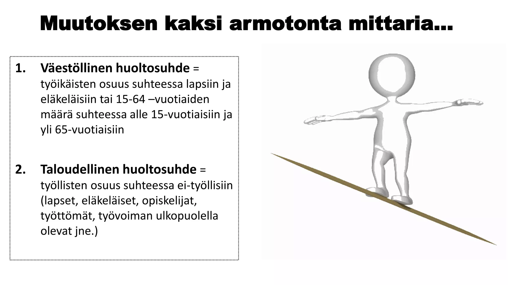 Muutoksen kaksi armotonta mittaria…
1. Väestöllinen huoltosuhde =
työikäisten osuus suhteessa lapsiin ja
eläkeläisiin tai 15-64 –vuotiaiden
määrä suhteessa alle 15-vuotiaisiin ja
yli 65-vuotiaisiin
2. Taloudellinen huoltosuhde =
työllisten osuus suhteessa ei-työllisiin
(lapset, eläkeläiset, opiskelijat,
työttömät, työvoiman ulkopuolella
olevat jne.)
 