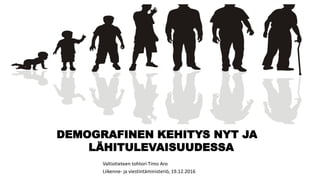 DEMOGRAFINEN KEHITYS NYT JA
LÄHITULEVAISUUDESSA
Valtiotieteen tohtori Timo Aro
Liikenne- ja viestintäministeriö, 19.12.2016
 