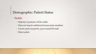 Demographic: Patient Status
• Stable
• Majority of patients will be stable
• Does not require additional trauma team members
• Can be easily treated by your normal ED staff
• Direct admit
 